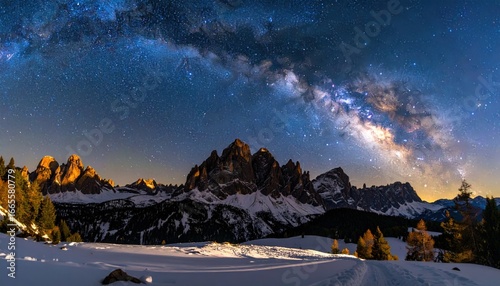 Snowy mountain range at night under a vibrant Milky Way galaxy