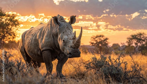 A rhinoceros stands in golden savanna grass at sunset, bathed in warm light