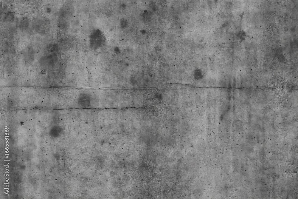Fototapeta premium Concrete texture features rough, gray surface with visible cracks and stains, showcasing urban aesthetics and industrial design. This captures essence of raw materials and modern architecture