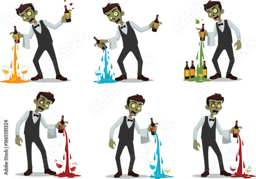 Funny zombie waiter spilling colorful drinks, cartoon undead bartender in formal wear, humorous Halloween character with bottles and glasses.