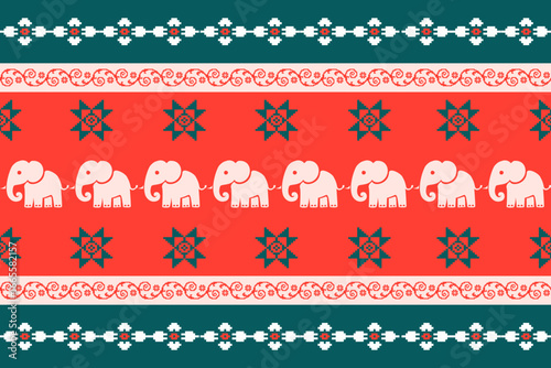 Seamless Scandinavian Christmas pattern featuring pixel art elephants with traditional Nordic ornaments in red and green. Perfect for festive textiles, holiday decorations, winter sweaters, and season