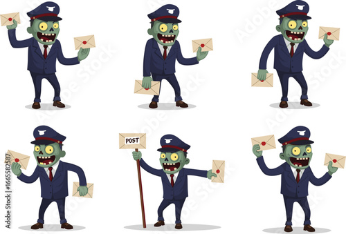 Funny zombie postman characters with envelopes, cartoon undead mailmen in uniform, Halloween vector illustration for games, animation, comics, design projects.