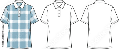 Short sleeve polo shirt front and back views, plaid pattern, collar with button placket, garment CAD vector illustration, fashion flat, clothing design, sewing pattern
