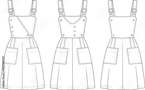 Pinafore dresses front views, buckle straps, patch pockets, asymmetrical and symmetrical bodice designs, fashion flat, garment CAD vector illustration, clothing design, sewing pattern