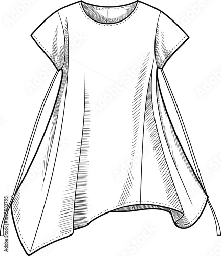 Loose fit asymmetrical tunic dress, short sleeves, round neckline, side drawstring panels, flared silhouette, fashion flat, garment CAD drawing, vector illustration, clothing design