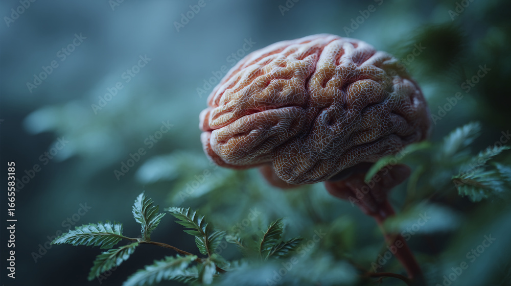 Obraz premium Anatomical brain model emerging from green foliage in a surrealistic setting