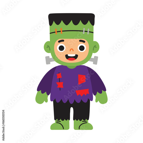 A cartoon illustration of a child dressed in a Frankenstein monster costume, smiling against a white background.