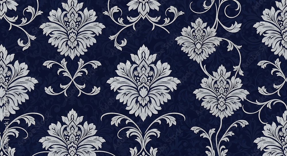Fototapeta premium Elegant Damask Pattern with Intricate Floral Motifs on Deep Blue Background.