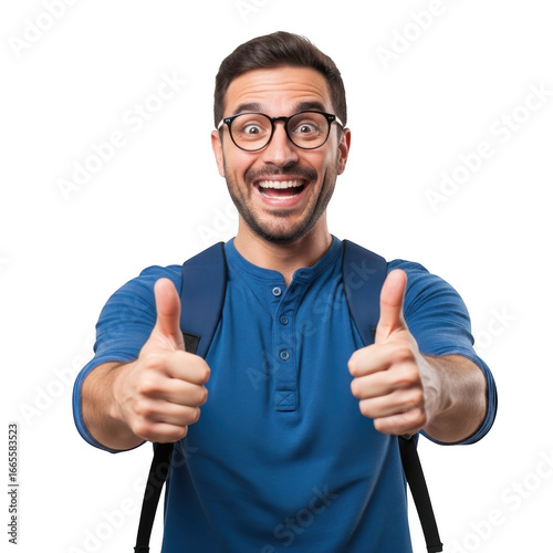 Excited young man with glasses and backpack gives thumbs up gesture transparent background