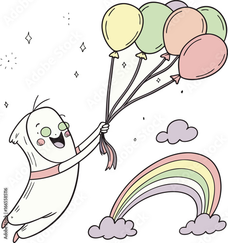 A whimsical and friendly ghost character floating happily with a bunch of colorful balloons past a rainbow, a cute Halloween vector illustration