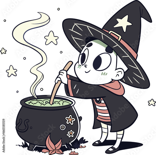 A cute cartoon witch stirs a bubbling green potion in a steaming cauldron, surrounded by whimsical stars and autumn leaves, a charming scene embodying Halloween magic