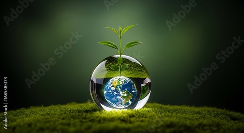 Earth and new life inside a glass orb representing nature, ecology, and environmentalism