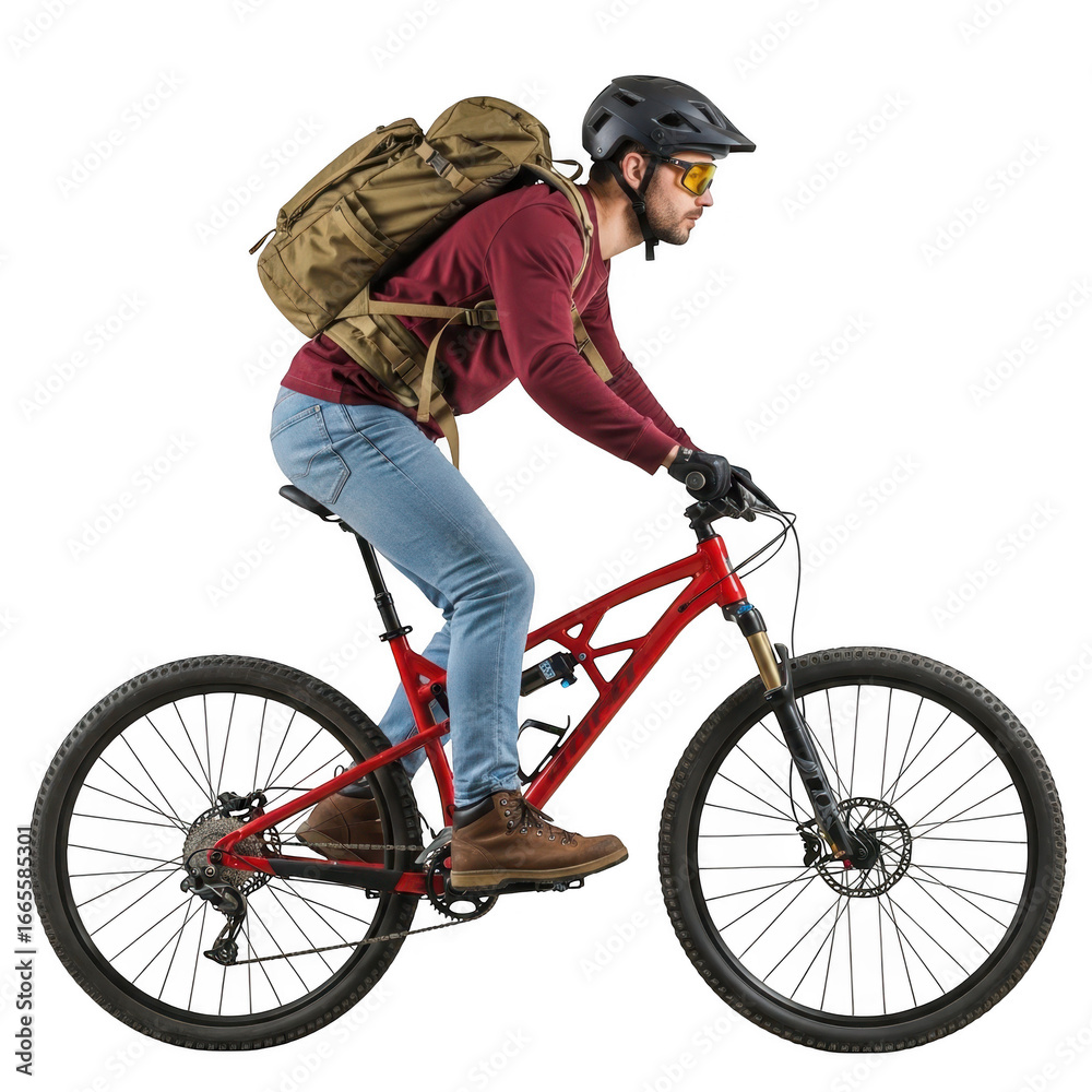 Obraz premium Man riding mountain bike with backpack and helmet side profile outdoor activity transparent background