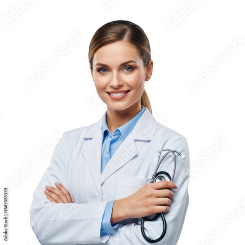 Smiling female doctor wearing a white lab coat holding a stethoscope arms crossed confidently transparent background