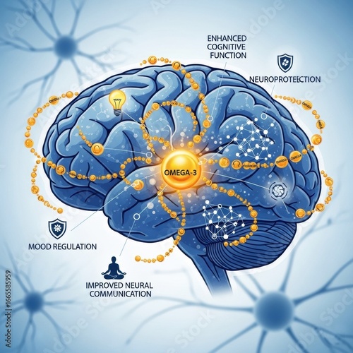 Brain Connectivity and Omega-3 Power: An illuminating image unveils the profound influence of Omega-3 on the human brain, emphasizing cognitive function, neuroprotection, and overall well-being.
