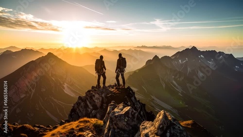 Wallpaper Mural Two hikers stand atop a rocky peak at sunrise overlooking a vast mountain range Torontodigital.ca
