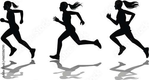 Flat vector illustration of three female runners in motion, fitness activity, jogging silhouette, sports training, health, workout, running posture