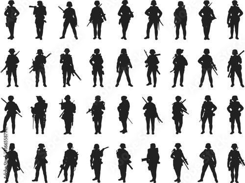 Flat vector illustration of female soldier silhouettes, armed military women, standing in different poses, uniformed, tactical gear, combat ready, defense
