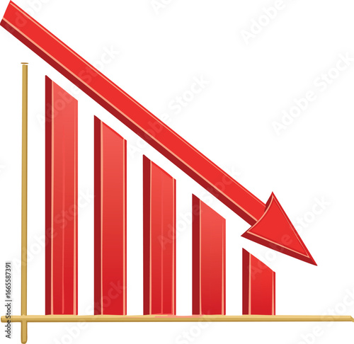 Red bar graph with downward trending arrow chart decline