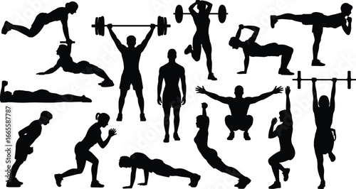 Flat vector illustration of male and female silhouettes exercising, fitness workout poses, strength training, weightlifting, stretching, squats, push-ups, athletic, healthy lifestyle, active people