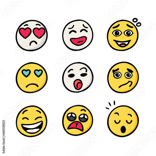 Hand drawn emoji faces expressing emotions expressions