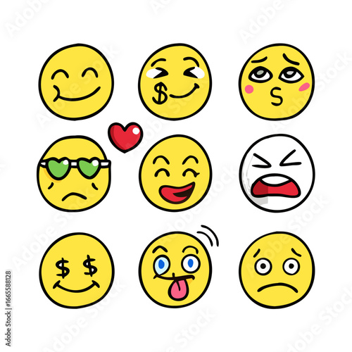 Hand drawn emoji faces with diverse expressions yellow
