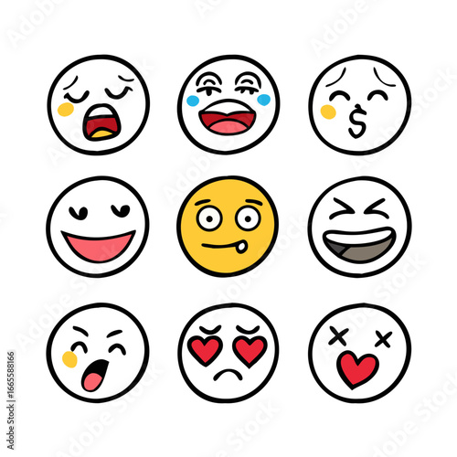 Hand drawn emoji faces with various expressions emotions
