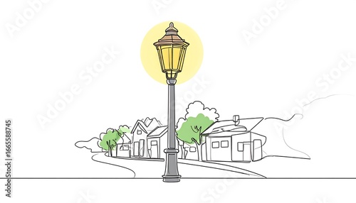 A single-line drawing of a neighborhood street scene with a lit lamppost.