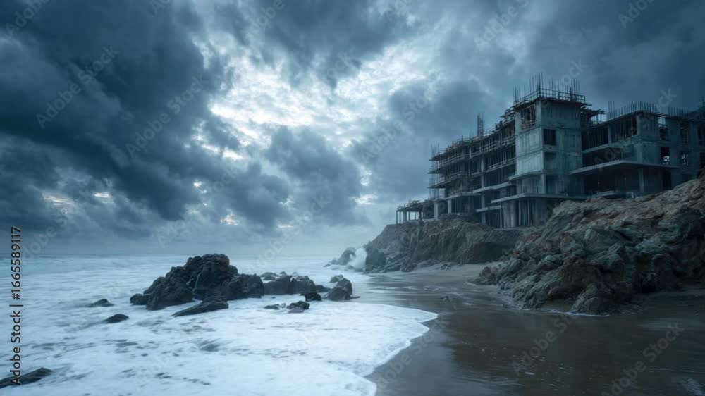 Stormy Seaside with Abandoned Construction Ruins Under Dark Clouds and Rough Waves near Rocky Shoreline Stormy Seaside with Abandoned Construction Ruins Under Dark Clouds and Rough Waves near Rocky Shoreline