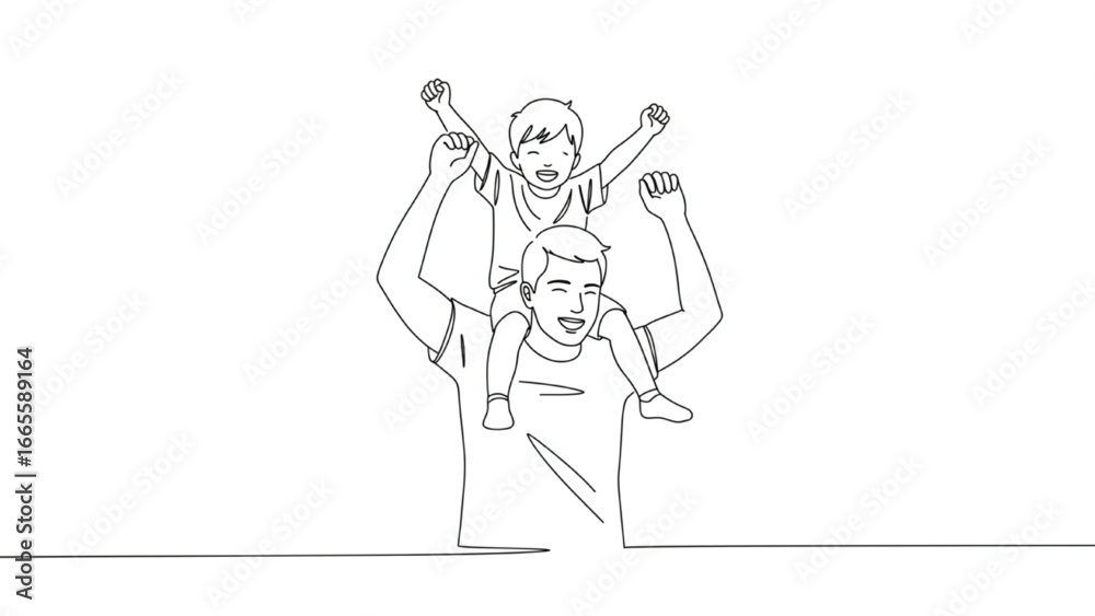 Fototapeta premium Minimalist line art father carrying child on shoulders happy family continuous drawing illustration