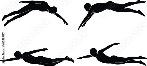 Silhouette of swimmers in different swimming poses, underwater motion, freestyle and front crawl action, flat vector illustration design