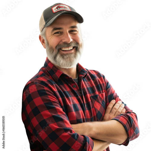 Smiling man wearing plaid shirt and baseball cap with arms crossed confidently transparent background