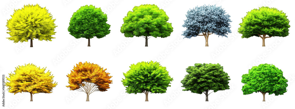Fototapeta premium Collection of realistic tree images showcasing various colors and shapes, including vibrant yellow, green, and blue foliage, perfect for nature themed projects