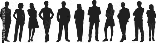 Flat vector illustration of diverse business professionals, men and women in standing pose, team silhouettes, formal outfit, corporate style.