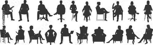 Silhouettes of people sitting on chairs, various seated poses, male and female figures, casual and formal postures, flat vector illustration