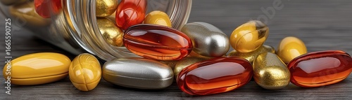 Close-up view of various vitamin supplements spilling from a jar - strength spill body overflowing