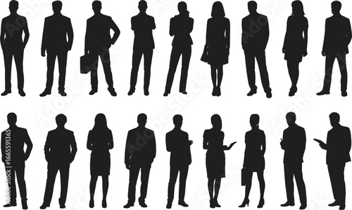 Group of business professionals silhouette, male and female standing in different poses, formal outfit, flat vector illustration, office team concept