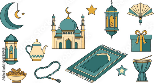 Celebrate Ramadan with vibrant icons of prayer, gifts, and community spirit