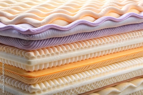 Stack of colorful memory foam mattress toppers with different textures and patterns