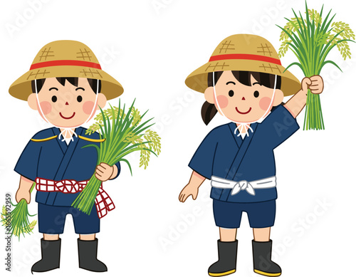Cartoon children farmers holding rice plants in traditional field attire with hats and boots representing agriculture, harvest, and rural life