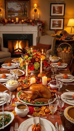 Thanksgiving dinner table set with a roasted turkey, side dishes, and autumn decorations in a cozy dining room with a fireplace.