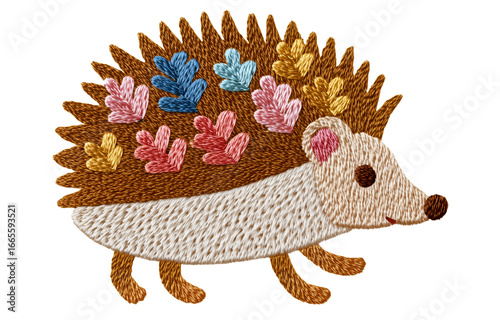 Charming embroidered hedgehog design features colorful floral accents on its back, showcasing intricate stitching and playful expression. This delightful artwork adds whimsical touch to any decor