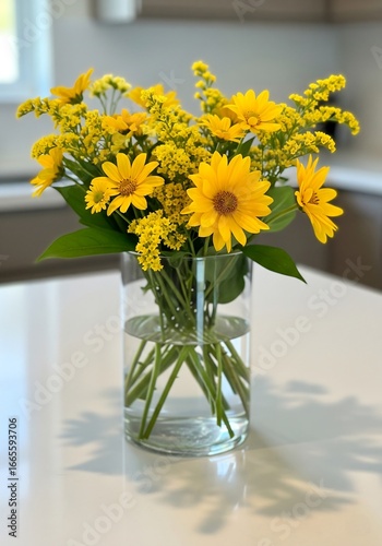 Bright Yellow Flowers in a Glass Vase on a Kitchen Counter.