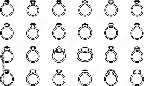 Collection of diamond ring icons with varying gemstone settings jewelry