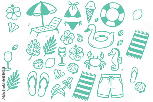 Coastal life summer elements line art set. Vector hand drawn illustration. All elements are isolated.