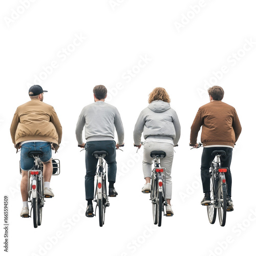 Four people riding bicycles from behind group cycling outdoor activity recreational sport transparent background