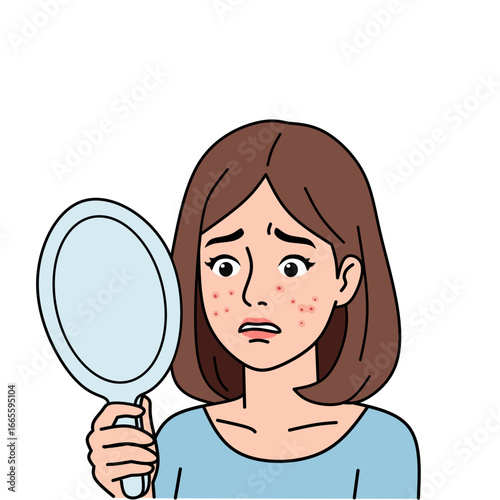 illustration of a sad young woman holding a mirror, seeing pimples and acne on her face, representing skin problems, beauty concerns, dermatology, and self-confidence issues