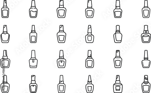 Collection of black outline nail polish bottle icons on white background cosmetic