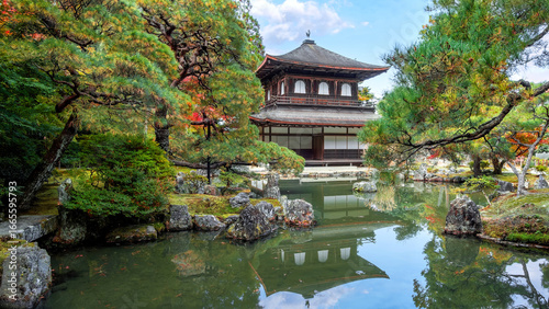 Scenic view of  Ginkaku-ji temple with beautiful foliage in autumn in Kyoto, Japan