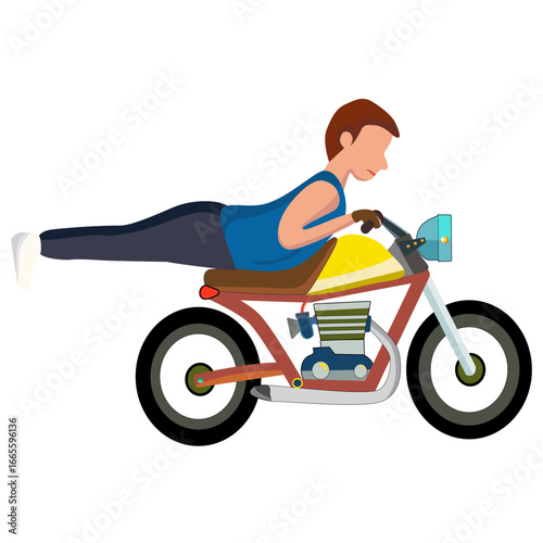 Cartoon Man Performing Motorcycle Plank.